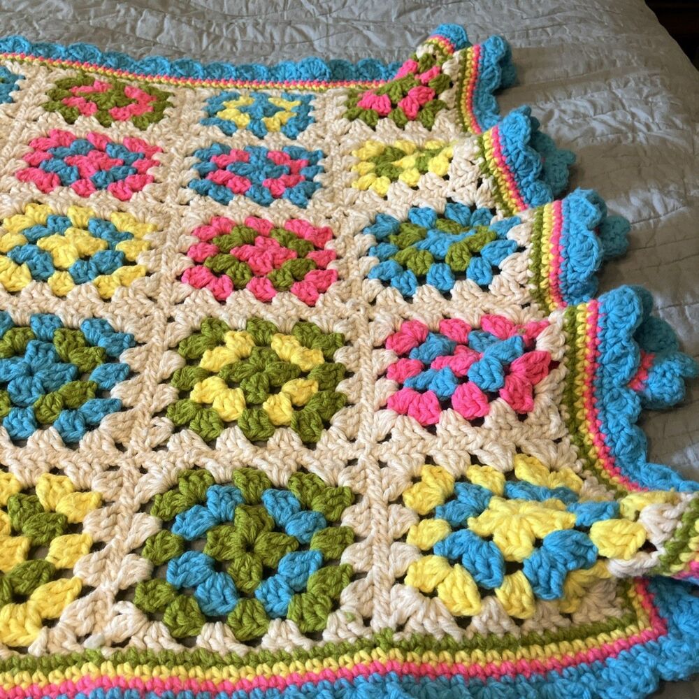 Vtg Handmade Crochet Granny Square, Spring/Easter Crib/Lap Afghan Blanket 55x26
